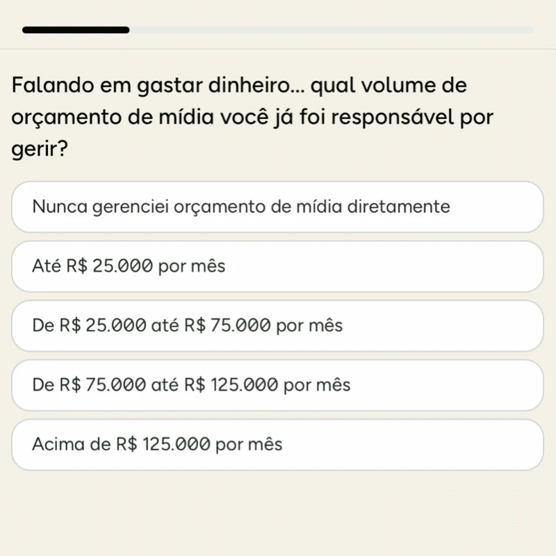 Tela da auto-avaliação interativa: pergunta sobre volume de orçamento de mídia já gerido