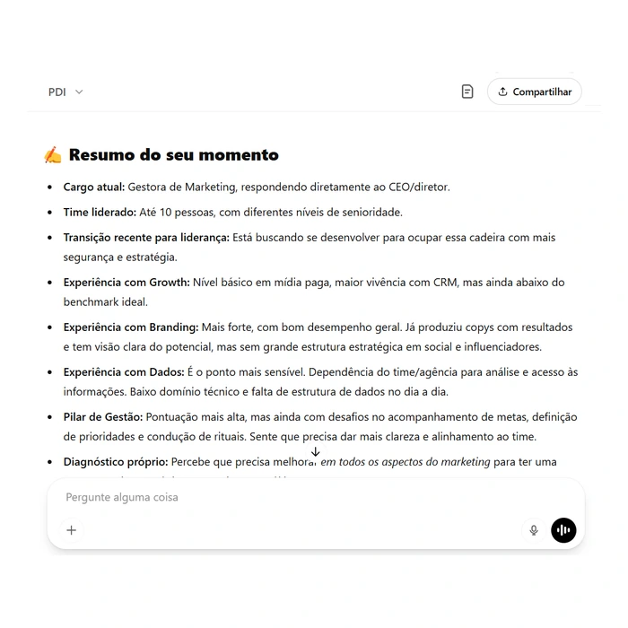 Diagnóstico atual: Um retrato claro de onde você está hoje: pilares dominados, lacunas, contexto de cargo e time