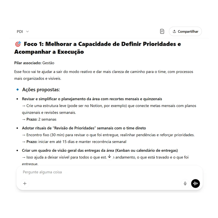 Planos de ação: Para cada foco, um conjunto de ações concretas, com prazos e entregáveis